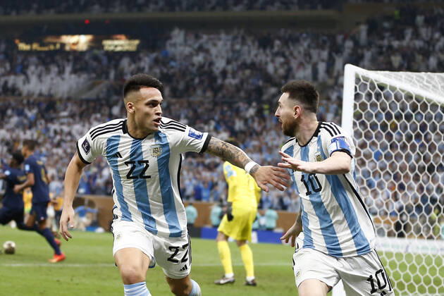 LUSAIL, QATAR - DECEMBER 18: Player of Argentina Lionel Messi celebrates after scoring a goal with Lautaro Martinez during the FIFA World Cup, WM, Weltmeisterschaft, Fussball Qatar 2022 Final match between Argentina and France at Lusail Stadium on December 18, 2022 in Lusail, Qatar. (Photo by Florencia Tan Jun PxImages Icon Sportwire) SOCCER: DEC 18 FIFA World Cup Final - France v Argentina Icon2212181579