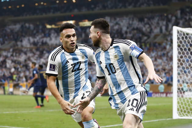 LUSAIL, QATAR - DECEMBER 18: Player of Argentina Lionel Messi celebrates after scoring a goal with Lautaro Martinez during the FIFA World Cup, WM, Weltmeisterschaft, Fussball Qatar 2022 Final match between Argentina and France at Lusail Stadium on December 18, 2022 in Lusail, Qatar. (Photo by Florencia Tan Jun PxImages Icon Sportwire) SOCCER: DEC 18 FIFA World Cup Final - France v Argentina Icon2212181580