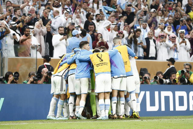 LUSAIL, QATAR - DECEMBER 18: Player of Argentina Lionel Messi celebrates after scoring a goal during the FIFA World Cup, WM, Weltmeisterschaft, Fussball Qatar 2022 Final match between Argentina and France at Lusail Stadium on December 18, 2022 in Lusail, Qatar. (Photo by Florencia Tan Jun PxImages Icon Sportwire) SOCCER: DEC 18 FIFA World Cup Final - France v Argentina Icon2212181581