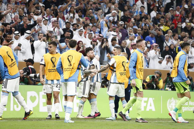 LUSAIL, QATAR - DECEMBER 18: Player of Argentina Lionel Messi celebrates after scoring a goal during the FIFA World Cup, WM, Weltmeisterschaft, Fussball Qatar 2022 Final match between Argentina and France at Lusail Stadium on December 18, 2022 in Lusail, Qatar. (Photo by Florencia Tan Jun PxImages Icon Sportwire) SOCCER: DEC 18 FIFA World Cup Final - France v Argentina Icon2212181582