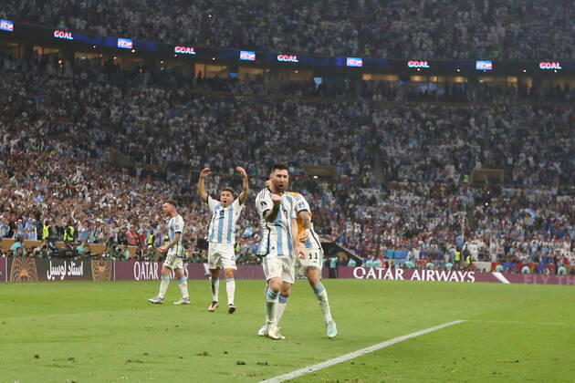 LUSAIL, QATAR - DECEMBER 18: Player of Argentina Lionel Messi celebrates the victory after the penaltis during the FIFA World Cup, WM, Weltmeisterschaft, Fussball Qatar 2022 Final match between Argentina and France at Lusail Stadium on December 18, 2022 in Lusail, Qatar. (Photo by Florencia Tan Jun PxImages Icon Sportwire) SOCCER: DEC 18 FIFA World Cup Final - France v Argentina Icon2212181588