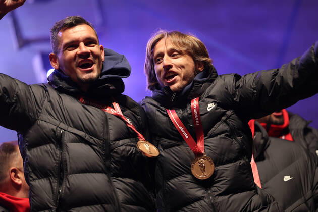 Zagreb, December 18, 2022. Magnificent welcome of the Croatian national football team in Zagreb after winning the bronze medal at the Quatar world cup 2022. Dejan Loren and Luka Modric 