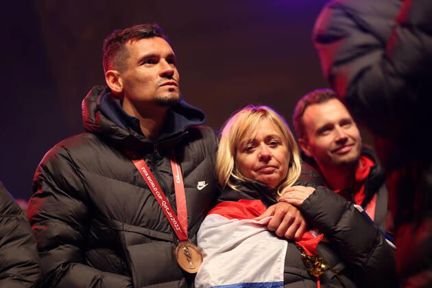 Zagreb, December 18, 2022. Magnificent welcome of the Croatian national football team in Zagreb after winning the bronze medal at the Quatar world cup 2022. Dejan Lovren and Iva Olivari