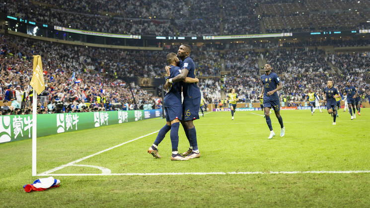 Doha, Qatar. 18th Dec, 2022. Goal celebration Kylian Mbappe (FRA), Marcus Thuram (FRA), Randal Kolo Muani (FRA) Argentina - France Final Match Argentinien - Frankreich World Cup 2022 in Qatar 18.12.2022