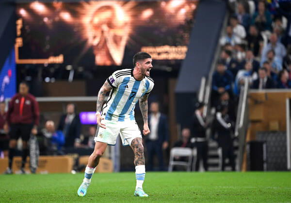 LUSAIL CITY, QATAR - DECEMBER 18: Rodrigo De Paul of Argentina reacts ,during the FIFA World Cup, WM, Weltmeisterschaft, Fussball Qatar 2022 Final match between Argentina and France at Lusail Stadium on December 18, 2022 in Lusail City, Qatar. WCS 