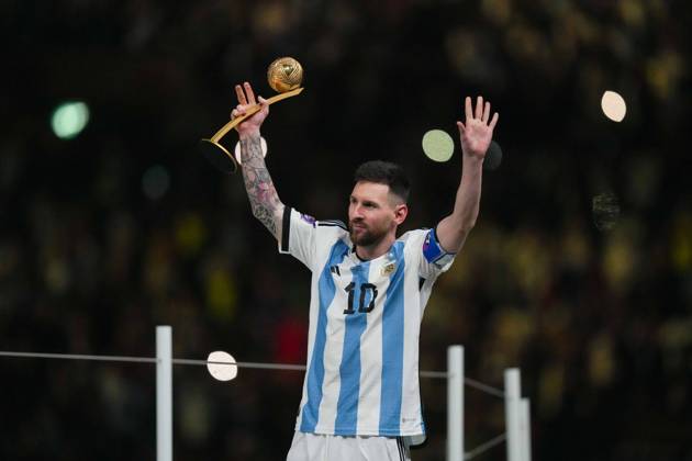 LUSAIL, QATAR - DECEMBER 18: Player of Argentina Lionel Messi receives the World Cup 2022 Golden Ball award after the FIFA World Cup, WM, Weltmeisterschaft, Fussball Qatar 2022 Final match between Argentina and France on December 18, 2022, at Lusail Iconic Stadium in Lusail, Qatar. (Photo by Florencia Tan Jun PxImages Icon Sportswire) SOCCER: DEC 18 FIFA World Cup Final - France v Argentina Icon221218106