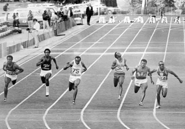 Jimmie Hines South Lake Tahoe, Calif.: The finish of the 100 metres final during the Olympic trials meet here September 10th shows Jimmie Hines, third from left, about to break the tape with a winning time of 10 seconds which tied the existing world record. The others are, from left to right: Clyde Glosson; Tom Randolph; Hines; Kirk Clayton; Mel Pender, 3rd with a time of 10.2, and Charlie Green, 2nd with a time of 10.1. 14th September 1968 United Kingdom England  Copyright: xTopFotox 1121719