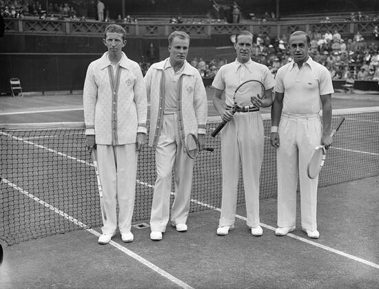 Donald Budge and Gene Mako, the Americans were the Wimbledon doubles champions, defeated Baron Gottfried von Cramm and Henner Henkel of Germany in the doubles of the Davis Cup inter-zone final at Wimbledon. Left to right: Budge; Mako; von Cramm and Henkel. 19 July 1937 United Kingdom England  Copyright: xTopFotox EU050337