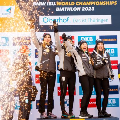 19.02.2023, GER, Biathlon, Saison 2022 2023, BMW IBU Weltmeisterschaften, WOMEN 4X6KM RELAY COMOLA Samuela WIERER Dorothea AUCHENTALLER Hannah VITTOZZI Lisa Oberhof Lotto Thüringen Arena am Rennst Thüringen Deutschland