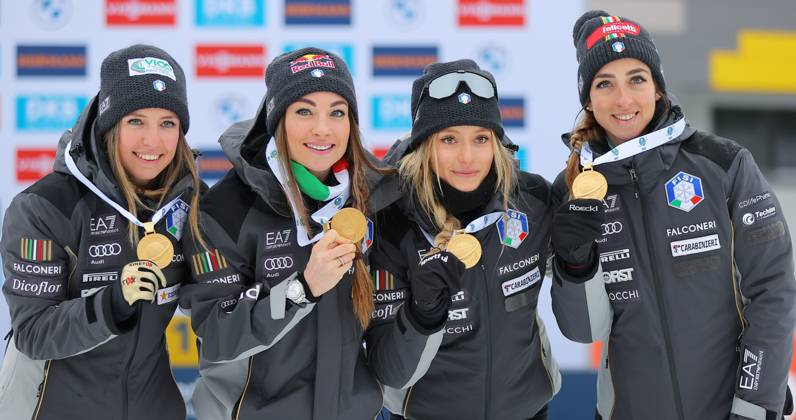 BIATHLON - IBU WC Oberhof OBERHOF,GERMANY,19.FEB.23 - BIATHLON - IBU World Championships 2023, 4x6 km relay, ladies, award ceremony. Image shows the rejoicing of Samuela Comola, Dorothea Wierer, Hannah Auchentaller and Lisa Vittozzi (ITA). Keywords: medal.  GEPAxpictures xThomasxBachun