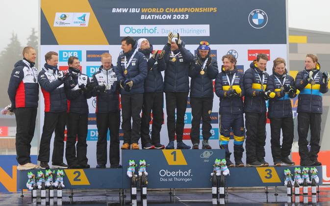 BIATHLON - IBU WC Oberhof OBERHOF,GERMANY,19.FEB.23 - BIATHLON - IBU World Championships 2023, 4x7.5 km relay, men, award ceremony. Image shows the rejoicing of team Norway, team France and team Sweden. Keywords: medal.  GEPAxpictures xThomasxBachun