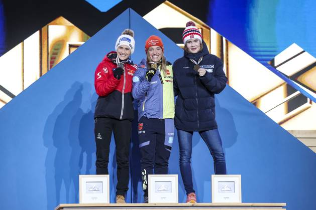 NORDIC SKIING - FIS Nordic WC Planica 2023 KRANJSKA GORA,SLOVENIA,24.FEB.23 - NORDIC SKIING - FIS Nordic World Ski Championships, medal plaza, award ceremony. Image shows Eva Pinkelnig (AUT), Katharina Althaus (GER) and Anna Odine Stroem (NOR).  GEPAxpictures xPatrickxSteiner