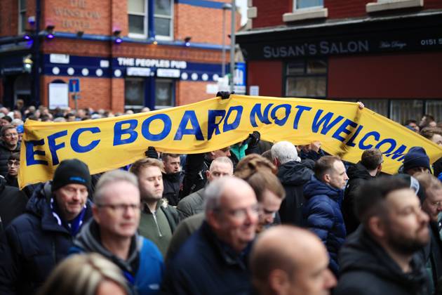 Football - Premier League - Everton v Aston Villa 25th February 2023 - Premier League - Everton v Aston Villa - Everton fans carry a banner during a protest before the match - Photo: Simon Stacpoole Offside. Liverpool UK Copyright: xSimonxStacpoolexOffside