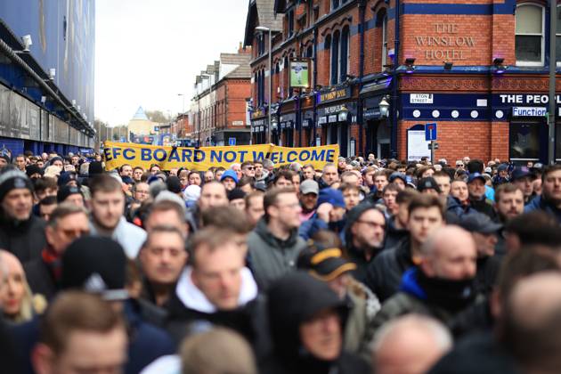 Football - Premier League - Everton v Aston Villa 25th February 2023 - Premier League - Everton v Aston Villa - Everton fans carry a banner during a protest before the match - Photo: Simon Stacpoole Offside. Liverpool UK Copyright: xSimonxStacpoolexOffside