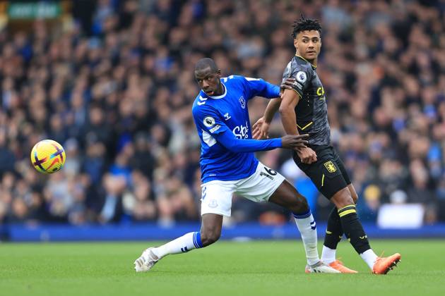Football - Premier League - Everton v Aston Villa 25th February 2023 - Premier League - Everton v Aston Villa - Abdoulaye Doucoure of Everton battles with Ollie Watkins of Aston Villa - Photo: Simon Stacpoole Offside. Liverpool UK Copyright: xSimonxStacpoolexOffside
