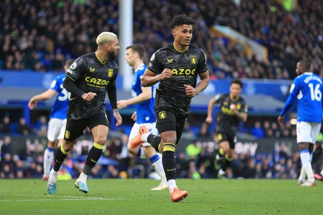 Football - Premier League - Everton v Aston Villa 25th February 2023 - Premier League - Everton v Aston Villa - Ollie Watkins of Aston Villa celebrates after scoring their 1st goal - Photo: Simon Stacpoole Offside. Liverpool UK Copyright: xSimonxStacpoolexOffside