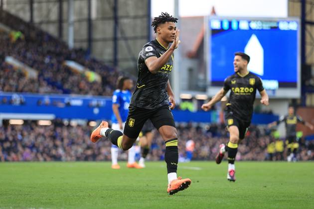 Football - Premier League - Everton v Aston Villa 25th February 2023 - Premier League - Everton v Aston Villa - Ollie Watkins of Aston Villa celebrates after scoring their 1st goal - Photo: Simon Stacpoole Offside. Liverpool UK Copyright: xSimonxStacpoolexOffside