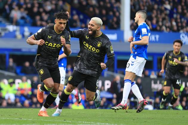 Football - Premier League - Everton v Aston Villa 25th February 2023 - Premier League - Everton v Aston Villa - Ollie Watkins of Aston Villa (L) celebrates with Douglas Luiz of Aston Villa after scoring their 1st goal - Photo: Simon Stacpoole Offside. Liverpool UK Copyright: xSimonxStacpoolexOffside