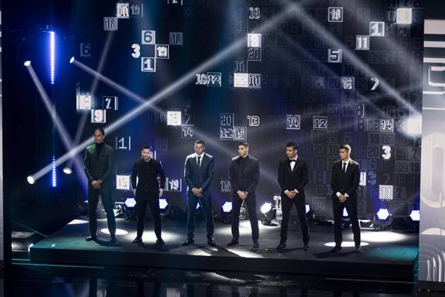 PARIS, FRANCE - FEBRUARY 27: From L) Netherlands and Liverpool defender Virgil van Dijk, Argentina and Paris Saint-Germain forward Lionel Messi, France and Paris Saint-Germain forward Kylian Mbappe, Morocco and Paris Saint-Germain defender Achraf Hakimi, Brazil and Manchester United, ManU midfielder Casemiro and Portugal and bayern Munich defender Joao Cancelo The Best FIFA Football Awards 2022 on February 27, 2023 in Paris, France NEWS: The Best FIFA Football Awards 2022 on February 27, 2023 in Paris, France ElyxandroCegarra Panoramic