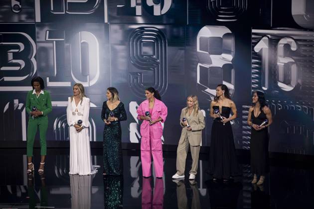PARIS, FRANCE - FEBRUARY 27: Wendie Renard, Alexia Putellas, Mapi Leon, Alex Morgan, Beth Mead, Christiane Endler and Lucy Bronze are seen on stage after being included in the FIFA FIFPRO Women s World 11 2022 during The Best FIFA Football Awards 2022 on February 27, 2023 in Paris, France NEWS: The Best FIFA Football Awards 2022 on February 27, 2023 in Paris, France ElyxandroCegarra Panoramic 