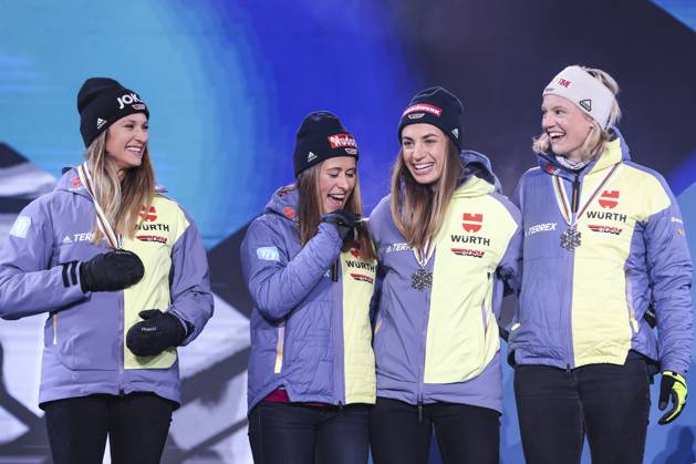 NORDIC SKIING - FIS Nordic WC Planica 2023 KRANJSKA GORA,SLOVENIA,03.MAR.23 - NORDIC SKIING, CROSS COUNTRY SKIING - FIS Nordic World Ski Championships, 4x5km relay, ladies, medal plaza, award ceremony. Image shows the rejoicing of the german team. Keywords: medal.  GEPAxpictures xPatrickxSteiner