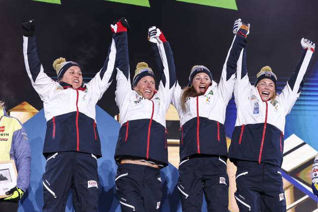 NORDIC SKIING - FIS Nordic WC Planica 2023 KRANJSKA GORA,SLOVENIA,03.MAR.23 - NORDIC SKIING, CROSS COUNTRY SKIING - FIS Nordic World Ski Championships, 4x5km relay, ladies, medal plaza, award ceremony. Image shows the rejoicing of the norwegian team.  GEPAxpictures xPatrickxSteiner