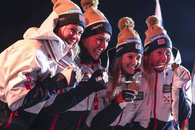 NORDIC SKIING - FIS Nordic WC Planica 2023 KRANJSKA GORA,SLOVENIA,03.MAR.23 - NORDIC SKIING, CROSS COUNTRY SKIING - FIS Nordic World Ski Championships, 4x5km relay, ladies, medal plaza, award ceremony. Image shows the norwegian team. Keywords: medal.  GEPAxpictures xPatrickxSteiner