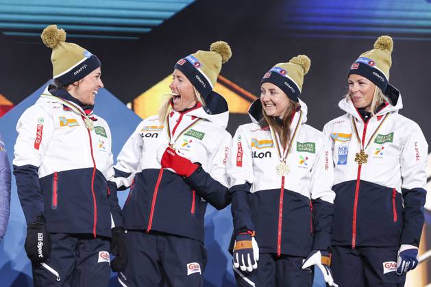 NORDIC SKIING - FIS Nordic WC Planica 2023 KRANJSKA GORA,SLOVENIA,03.MAR.23 - NORDIC SKIING, CROSS COUNTRY SKIING - FIS Nordic World Ski Championships, 4x5km relay, ladies, medal plaza, award ceremony. Image shows the norwegian team. Keywords: medal.  GEPAxpictures xPatrickxSteiner