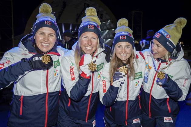Ski WC 2023 medal ceremony Planica, Slovenia 20230303 Tiril Udnes Weng, Astrid oyre Slind, Ragnhild Flugstad ostberg and Anne Kjersti Kalva with the gold medals after winning the womens relay during the Ski WC 2023 in Planica, Slovenia Photo Heiko Junge NTB Photo Heiko Junge NTB Planica Slovenia EDITORIAL USE ONLY RESTRICTED USE FOR BETTING COMPANIES  Copyright: xHeikoxJungex xNTBx