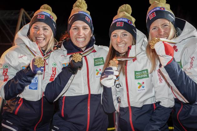 Ski WC 2023 medal ceremony Planica, Slovenia 20230303 Tiril Udnes Weng, Astrid oyre Slind, Ragnhild Flugstad ostberg and Anne Kjersti Kalva with the gold medals after winning the womens relay during the Ski WC 2023 in Planica, Slovenia Photo Heiko Junge NTB Photo Heiko Junge NTB Planica Slovenia EDITORIAL USE ONLY RESTRICTED USE FOR BETTING COMPANIES  Copyright: xHeikoxJungex xNTBx