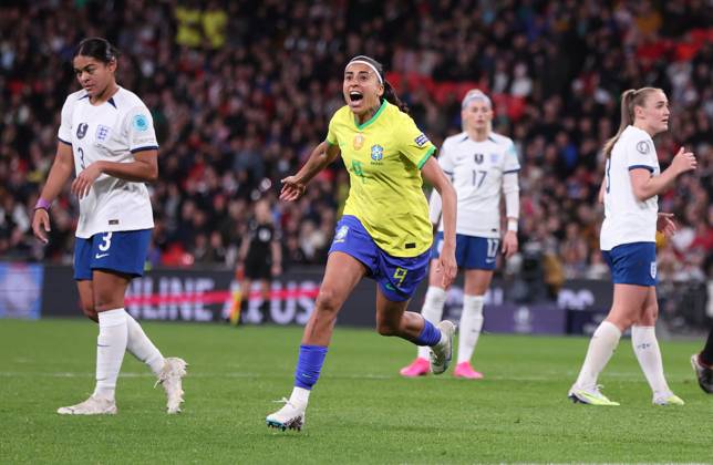 London, England, 6th April 2023. Andressa Alves of Brazil celebrates after scoring to make it 1-1 during the Women s CONMEBOL UEFA Finalissima match at Wembley Stadium, London. Picture credit should read: Paul Terry Sportimage EDITORIAL USE ONLY. No use with unauthorised audio, video, data, fixture lists, club league logos or live services. Online in-match use limited to 120 images, no video emulation. No use in betting, games or single club league player publications. SPI-2352-0206