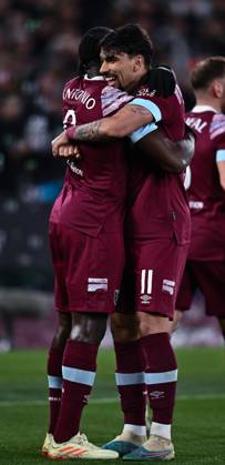 LONDON, ENGLAND - APRIL 20: Michail Antonio celebrates with Lucas Paqueta after scoring goal during the UEFA Europa Conference League quarterfinal second leg match between West Ham United and KAA Gent at London Stadium on April 20, 2023 in London, United Kingdom. Photo by Sebastian Frej West Ham United v KAA Gent: Quarterfinal Second Leg - UEFA Europa Conference League Copyright: xSebastianxFrejx