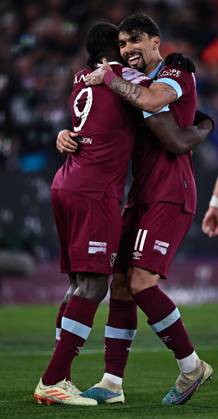 LONDON, ENGLAND - APRIL 20: Michail Antonio celebrates with Lucas Paqueta after scoring goal during the UEFA Europa Conference League quarterfinal second leg match between West Ham United and KAA Gent at London Stadium on April 20, 2023 in London, United Kingdom. Photo by Sebastian Frej West Ham United v KAA Gent: Quarterfinal Second Leg - UEFA Europa Conference League Copyright: xSebastianxFrejx
