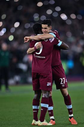 LONDON, ENGLAND - APRIL 20: Michail Antonio celebrates with Nayef Aguerd after scoring goal during the UEFA Europa Conference League quarterfinal second leg match between West Ham United and KAA Gent at London Stadium on April 20, 2023 in London, United Kingdom. Photo by Sebastian Frej West Ham United v KAA Gent: Quarterfinal Second Leg - UEFA Europa Conference League Copyright: xSebastianxFrejx