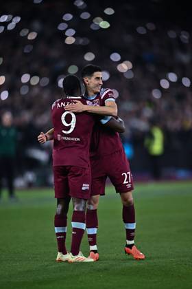 LONDON, ENGLAND - APRIL 20: Michail Antonio celebrates with Nayef Aguerd after scoring goal during the UEFA Europa Conference League quarterfinal second leg match between West Ham United and KAA Gent at London Stadium on April 20, 2023 in London, United Kingdom. Photo by Sebastian Frej West Ham United v KAA Gent: Quarterfinal Second Leg - UEFA Europa Conference League Copyright: xSebastianxFrejx