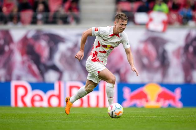 Leipzigs Dani Olmo. Fussball 1. Bundesliga, 30. Spieltag: RB Leipzig - TSG 1899 Hoffenheim. 29. April 2023: Leipzig, Red Bull Arena. RB Leipzig - TSG 1899 Hoffenheim