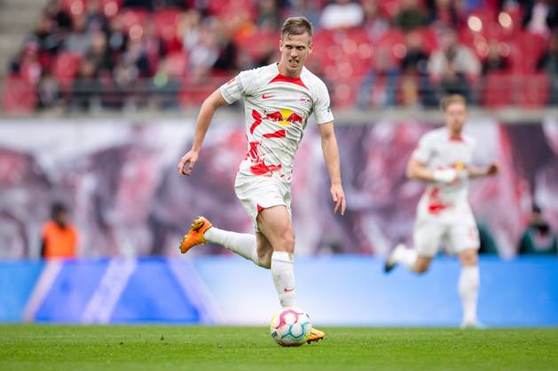 Leipzigs Dani Olmo. Fussball 1. Bundesliga, 30. Spieltag: RB Leipzig - TSG 1899 Hoffenheim. 29. April 2023: Leipzig, Red Bull Arena. RB Leipzig - TSG 1899 Hoffenheim