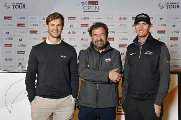 Belgian Thomas Detry, Michael Jones, Tournament Director of the Soudal Open and Belgian Nicolas Colsaerts pictured during a press conference, PK, Pressekonferenz regarding the 2023 Soudal Open DP World Tour golf tournament, in Schilde, Tuesday 09 May 2023. The 2023 Soudal Open taken place from 11 to 14 May at the Rinkven Golf Club in Schilde. DIRKxWAEM  x66979771x