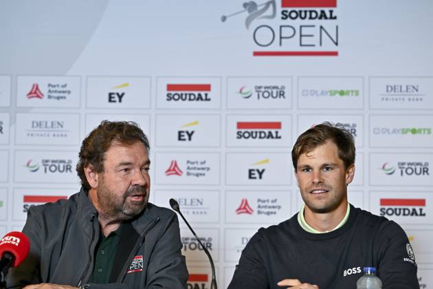 Michael Jones, Tournament Director of the Soudal Open and Belgian Thomas Detry pictured in action during a press conference, PK, Pressekonferenz regarding the 2023 Soudal Open DP World Tour golf tournament, in Schilde, Tuesday 09 May 2023. The 2023 Soudal Open taken place from 11 to 14 May at the Rinkven Golf Club in Schilde. DIRKxWAEM  x66980350x