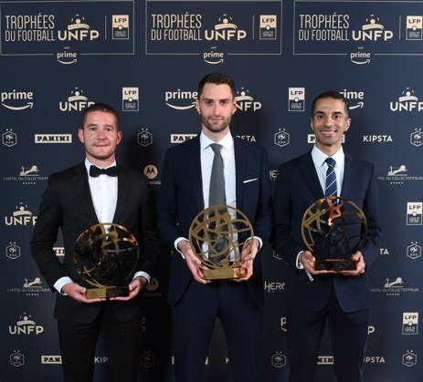 Julien PACELLI (ARBITRE) - Pierre LEGAT (ARBITRE) - Hicham ZAKRANI (ARBITRE) during the ceremony for the UNFP Trophies on May 28, 2023 in Paris, France. FOOTBALL : 31e Ceremonie des Trophees UNFP - Paris - 28 05 2023 Pool Panoramic 