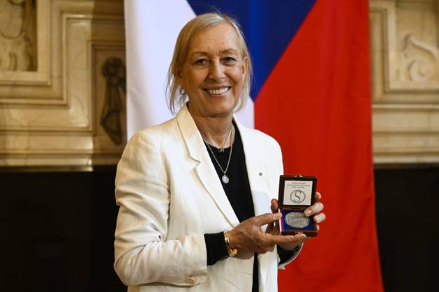 Senate chairman Milos Vystrcil (ODS) gives silver medal of Senate chairperson to legendary tennis player Martina Navratilova, in Valdstejnsky palace, Valdstejnske nam. 4, Prague, Czech Republic, on June 13, 2023. (CTKxPhoto OndrejxDeml) CTKPhotoP2023061304179  CTKPhotoP2023061304179