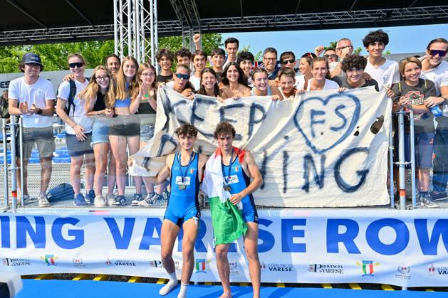 Lightweight Men s Pair Final: Francesco Bardelli - Stefano Pinsone (ITA) gold medal and supporter s during 2023 World Rowing Cup II, Canoying in Varese, Italy, June 16 2023  Copyright: xDaniloxVigo IPAxSportx xipa-agenx xx 0 IPA_IPA38693482