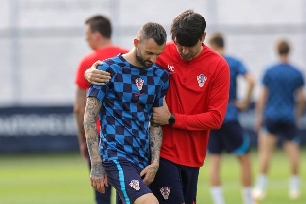 Training of the Croatian national football team Assistant coach Vedran Corluka and Marcelo Brozovic of Croatia at the training of the Croatian national football team on the field of Feyenoord s football academy in Rotterdam, Netherlands on June 17, 2023. LukaxStanzl PIXSELL