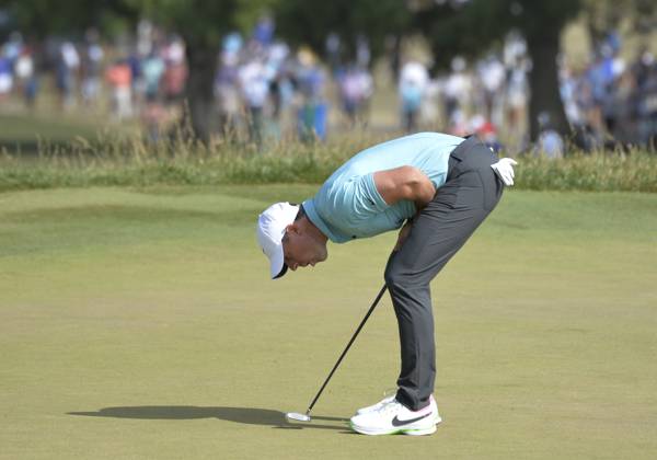 Rory McIlroy of Northern Ireland reacts after missing a birdie putt on the tenth hole during the final round of the 2023 U.S. Open Golf Championship at the Los Angeles Country Club in Los Angeles, California on Sunday, June 18, 2023.  LAP20230618761 MIKExGOULDING