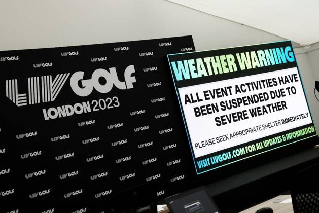 Mandatory Credit: Photo by James Marsh Shutterstock (13995948a) A big screen in the media centre displays a delayed start due to severe weather. LIV Golf Invitational London, Day Two, Golf, Centurion Club, Hemel Hempstead, UK - 08 Jul 2023 LIV Golf Invitational London, Day Two, Golf, Centurion Club, Hemel Hempstead, UK - 08 Jul 2023 Copyright: xJamesxMarsh Shutterstockx 13995948a