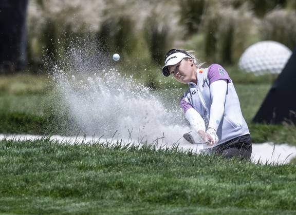Brooke Henderson hits out of a bunker to the second green on the final day of the Women s U.S. Open at Pebble Beach, California on Sunday, July 9, 2023.  PBP2023070915 TERRYxSCHMITT
