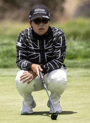 Nasa Hataoka of Japan lines up a putt on the second green on the final day of the Women s U.S. Open at Pebble Beach, California on Sunday, July 9, 2023.  PBP2023070916 TERRYxSCHMITT