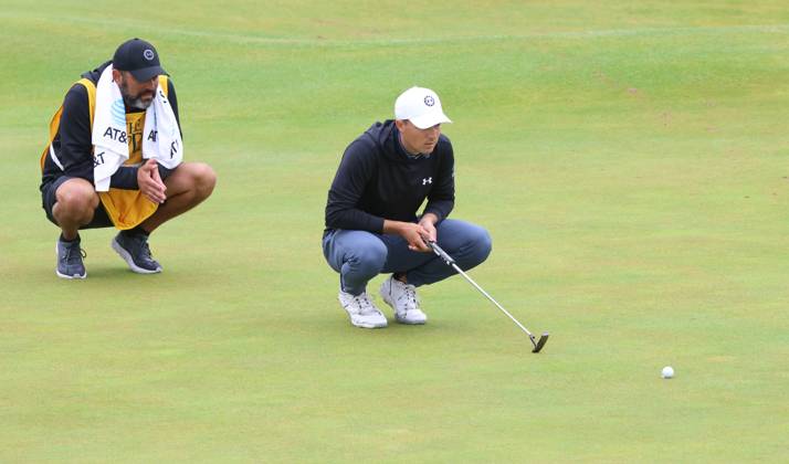 American Jordan Spieth lines up a putt on the eleventh green on the third day at the 151st Open Championship at Royal Liverpool Golf Club in Hoylake, England on Saturday, July 22, 2023.  LON2023072259 HUGOxPHILPOTT
