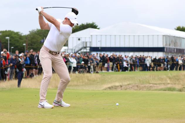 Northern Ireland s Rory Mcllroy tees off on the second hole on the third day at the 151st Open Championship at Royal Liverpool Golf Club in Hoylake, England on Saturday, July 22, 2023.  LON2023072203 HUGOxPHILPOTT