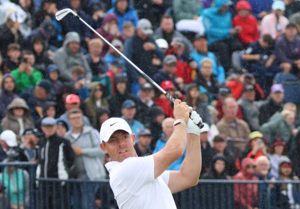 Northern Ireland s Rory Mcllroy drives on the fourth tee on the third day at the 151st Open Championship at Royal Liverpool Golf Club in Hoylake, England on Saturday, July 22, 2023.  LON2023072212 HUGOxPHILPOTT